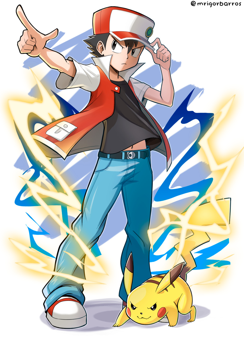 1boy absurdres bangs belt belt_buckle black_belt black_eyes black_hair black_shirt blue_pants buckle closed_mouth electricity hair_between_eyes hand_on_headwear hat highres jacket male_focus mr.thunderigor open_clothes open_jacket pants pikachu pointing pokemon pokemon_(creature) pokemon_(game) pokemon_rgby red_(pokemon) red_headwear shirt shoes short_hair short_sleeves standing symbol-only_commentary twitter_username white_footwear