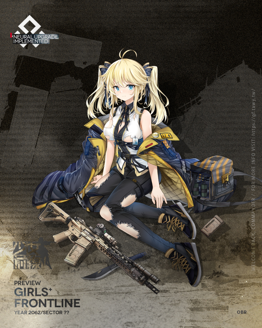 1girl ammunition_pouch artist_request bag_removed bangs battle_rifle black_footwear black_pants blonde_hair blue_eyes blue_jacket boots breasts character_name closed_mouth copyright_name eyebrows_visible_through_hair full_body girls_frontline gun hair_ribbon hand_on_floor highres id_card jacket jacket_pull knee_pads knife larue_tactical_obr looking_at_viewer machete medium_breasts medium_hair mod3_(girls'_frontline) obr_(girls'_frontline) official_art on_floor open_clothes open_jacket pants pouch promotional_art ribbon rifle shirt sniper_rifle solo torn_clothes torn_pants torn_shirt twintails weapon weapon_removed white_shirt