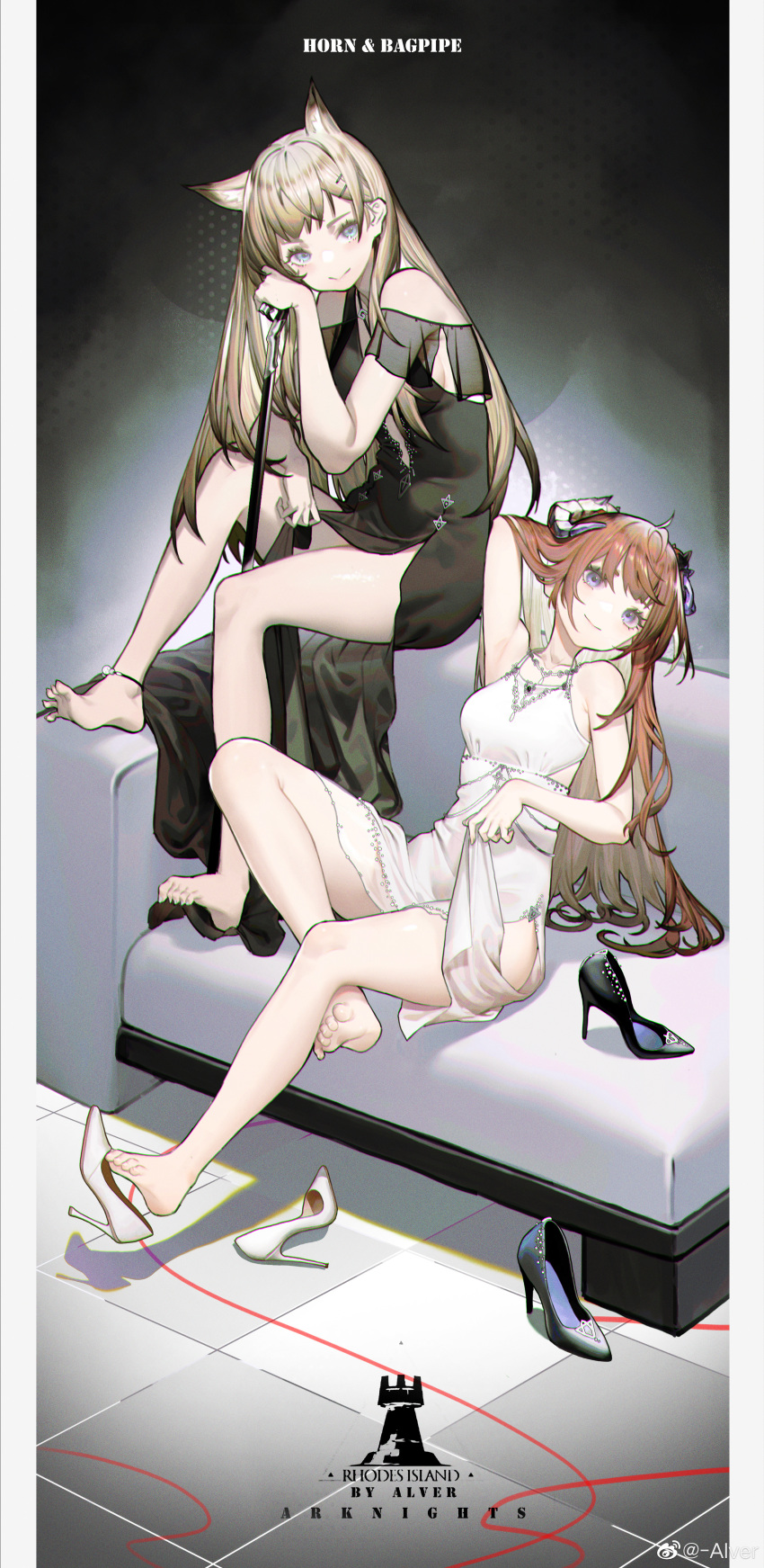 2girls absurdres alver animal_ears arknights arm_up armpits artist_name bagpipe_(arknights) bangs bare_arms bare_legs bare_shoulders barefoot black_dress black_footwear blonde_hair closed_mouth copyright_name couch dragon_horns dress extra_ears feet full_body hair_ornament hairclip highres horn_(arknights) horns long_hair looking_at_viewer multiple_girls on_couch orange_hair shoe_dangle shoes shoes_removed sitting smile toes very_long_hair white_dress white_footwear wolf_ears