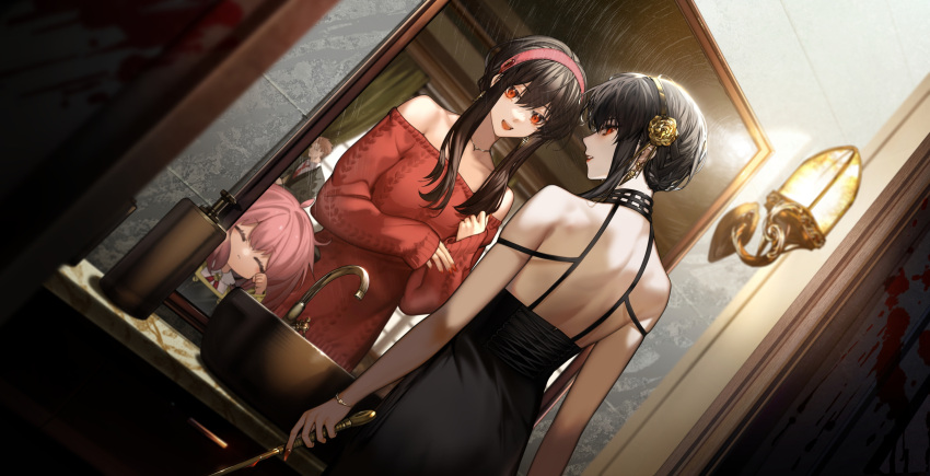 1boy 2girls anya_(spy_x_family) arlizi bangs bare_shoulders black_dress black_hair blood blood_splatter bracelet brown_hair closed_eyes commentary dress earrings english_commentary from_behind gold_hairband hairband highres jewelry long_sleeves looking_at_viewer looking_back medium_hair mirror multiple_girls off_shoulder parted_lips pink_hair red_eyes red_hairband short_hair sink smile spy_x_family sweater sweater_dress twilight_(spy_x_family) weapon yor_briar
