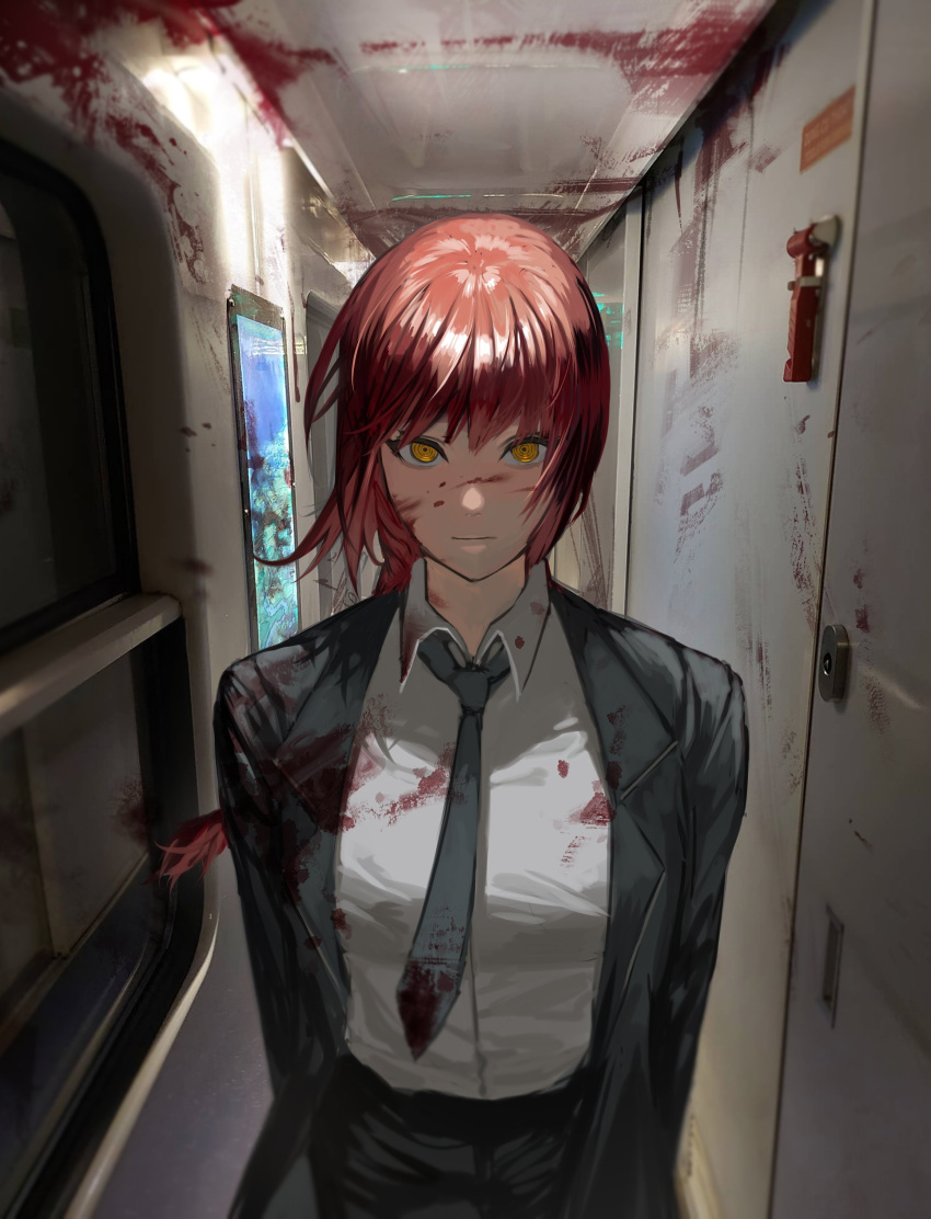 1girl absurdres bangs black_jacket black_necktie black_pants black_suit blood blood_on_clothes blood_on_face blood_on_wall braid chainsaw_man collared_shirt commentary cowboy_shot expressionless formal hanny_(uirusu_chan) highres jacket long_hair looking_at_viewer makima_(chainsaw_man) necktie open_clothes open_jacket pants redhead ringed_eyes shirt single_braid solo standing suit train_interior white_shirt window