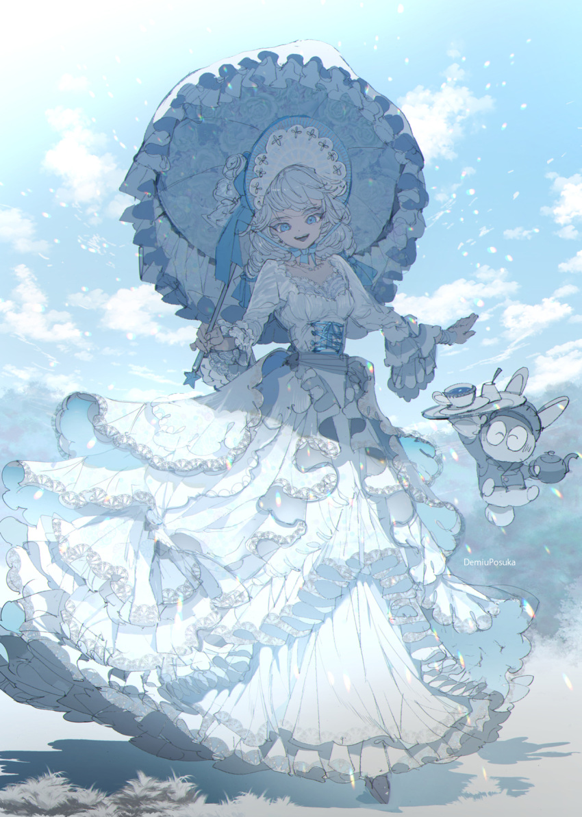 1girl artist_name blue_eyes blue_headwear blue_sky blue_theme bonnet breasts cleavage_cutout clothing_cutout clouds commentary_request cup demizu_posuka dress grey_headwear grey_jacket hat highres holding holding_teapot holding_tray jacket layered_dress long_sleeves looking_at_viewer medium_breasts original outdoors parasol rabbit short_hair sky solo teacup teapot tray umbrella white_dress white_hair