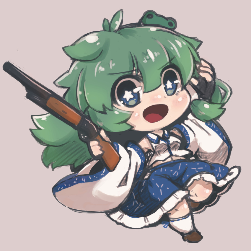 1girl :d blue_eyes blush chibi detached_sleeves dnk eyebrows_visible_through_hair fingerless_gloves frog_hair_ornament gloves green_hair grey_background gun hair_ornament highres holding holding_gun holding_weapon kochiya_sanae long_hair looking_at_viewer open_mouth rifle simple_background skirt smile snake_hair_ornament solo star-shaped_pupils star_(symbol) symbol-shaped_pupils touhou weapon