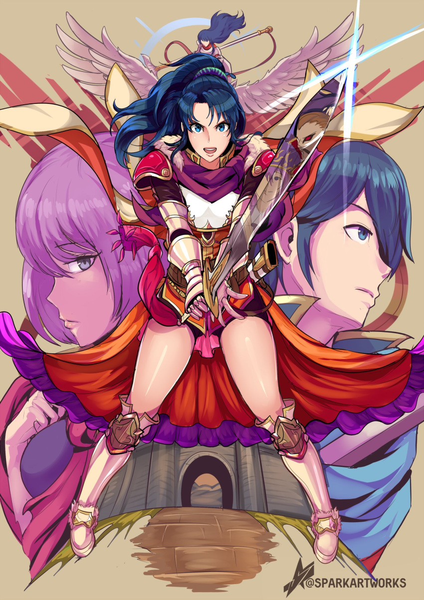 2boys 4girls :d armor blue_eyes blue_hair boots breastplate brown_hair caeda_(fire_emblem) castle commission eremiya fighting_stance fire_emblem fire_emblem:_mystery_of_the_emblem fire_emblem:_new_mystery_of_the_emblem hardin_(fire_emblem) highres holding holding_sword holding_weapon katarina_(fire_emblem) kris_(fire_emblem) kris_(fire_emblem)_(female) long_hair looking_at_viewer marth_(fire_emblem) medium_hair multiple_boys multiple_girls open_mouth pegasus pegasus_knight_uniform_(fire_emblem) ponytail purple_hair red_eyes reflection short_hair simple_background smile sparkartworks sword twitter_username violet_eyes weapon