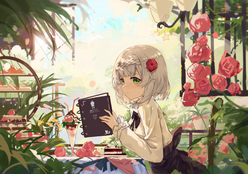1girl absurdres bangs black_bow black_bowtie blush bow bowtie cake cake_slice closed_mouth cup drinking_straw flower food from_side genshin_impact green_eyes grey_hair hair_flower hair_ornament highres holding holding_menu ice_cream long_sleeves medium_hair menu noelle_(genshin_impact) plant red_flower sideways_glance skirt solo table upper_body white_skirt yajuu