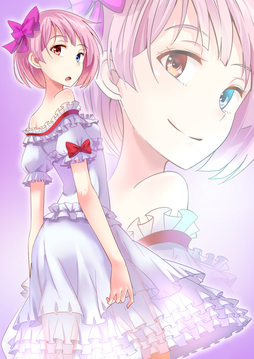 1girl absurdres bangs bare_shoulders blue_eyes bow closed_mouth dress fei_lio_mao frilled_dress frills hair_bow heterochromia highres honkai_(series) honkai_impact_3rd looking_at_viewer looking_back multiple_views off-shoulder_dress off_shoulder open_mouth pink_hair short_hair short_sleeves sin_mal smile white_headwear yellow_eyes