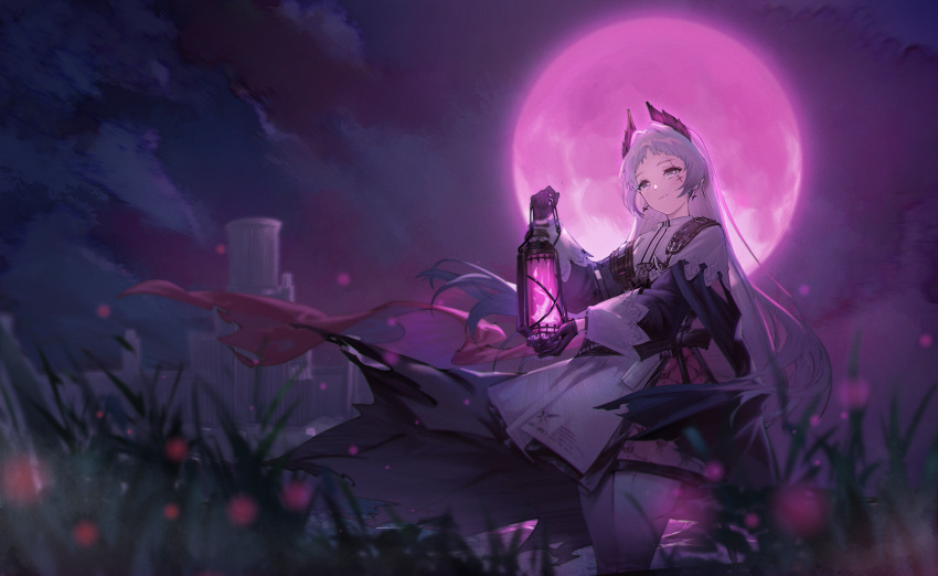 1girl arknights black_gloves black_jacket blurry blurry_foreground closed_mouth clouds depth_of_field earrings floating_clothes full_moon gloves grey_eyes grey_hair head_wings highres holding holding_lantern irene_(arknights) jacket jewelry kumo_ryuun lantern long_hair long_sleeves looking_at_viewer moon night night_sky outdoors purple_theme scar scar_across_eye scar_on_face skirt sky solo torn_clothes white_skirt
