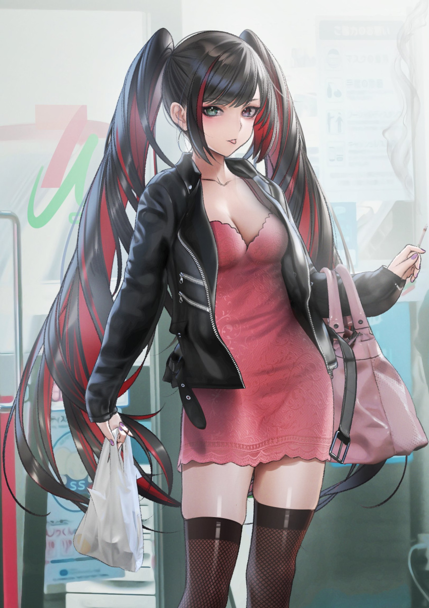 1girl bag bangs black_hair black_jacket black_legwear breasts cigarette collarbone dress fishnet_legwear fishnets green_eyes grocery_bag handbag heterochromia highres holding holding_cigarette jacket knees_up leather leather_jacket long_hair looking_at_viewer medium_breasts multicolored_hair nail_polish nanaken_nana open_clothes open_jacket original pink_dress purple_nails redhead shopping_bag short_dress simple_background solo standing thigh-highs thighs tongue tongue_out twintails two-tone_hair very_long_hair violet_eyes zettai_ryouiki