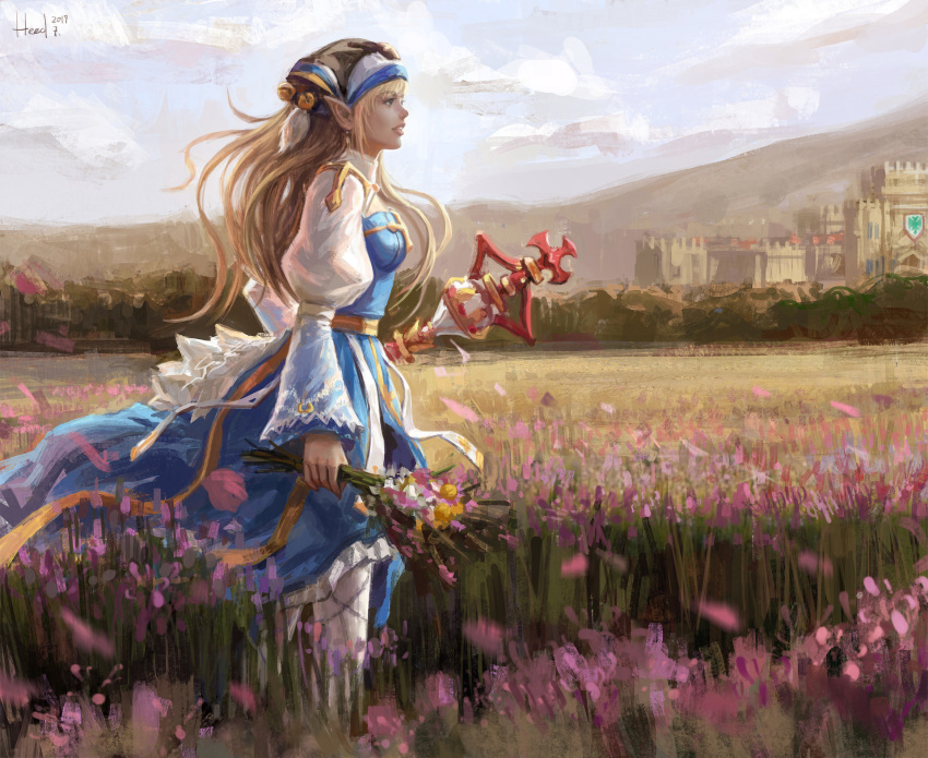 1girl arch_bishop_(ragnarok_online) bangs blonde_hair blue_dress blue_sky bouquet breasts castle cleavage_cutout clothing_cutout clouds commentary crosier cross day dress elvafirst english_commentary feet_out_of_frame field fishnet_legwear fishnets flower flower_field green_eyes highres holding holding_bouquet holding_staff juliet_sleeves long_hair long_sleeves looking_afar margaretha_sorin medium_breasts open_mouth outdoors pink_flower pointy_ears puffy_sleeves ragnarok_online sash sky solo staff standing thigh-highs two-tone_dress white_dress white_legwear yellow_sash