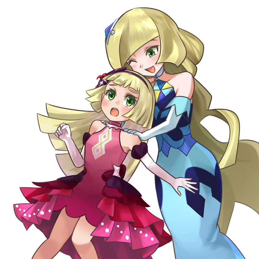 2girls ;d alternate_costume bangs bare_shoulders blonde_hair blue_dress blush commentary_request dress elbow_gloves eyelashes gloves green_eyes hair_ornament hairband hands_on_another's_shoulders highres lillie_(pokemon) long_hair lusamine_(pokemon) mother_and_daughter multiple_girls ni-jo official_alternate_costume one_eye_closed open_mouth pink_dress pokemon pokemon_(game) pokemon_masters_ex smile teeth tongue upper_teeth white_gloves