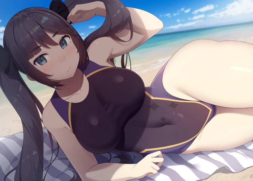 1girl adapted_costume bare_shoulders beach black_hair black_swimsuit blue_sky blue_swimsuit blush breasts collarbone covered_navel eyebrows_visible_through_hair genshin_impact green_eyes highleg highleg_swimsuit highres large_breasts long_hair looking_at_viewer lying mona_(genshin_impact) navel on_side one-piece_swimsuit samegami sand sky solo swimsuit thighs twintails two-tone_swimsuit water
