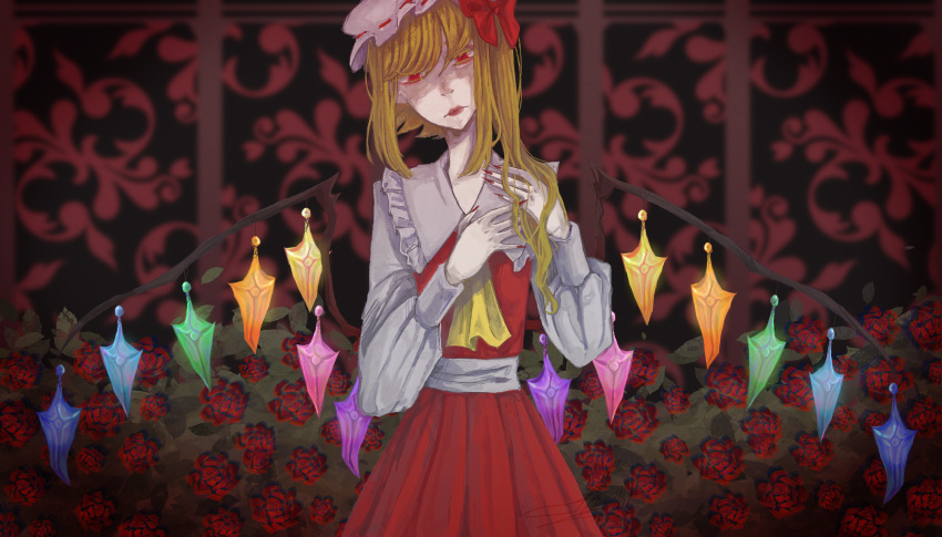 1girl absurdres akishi_ra ascot blonde_hair bow bush crystal dark_background eyes_visible_through_hair flandre_scarlet flower hair_bow hat highres lake lipstick long_hair long_sleeves looking_down makeup md5_mismatch mob_cap patterned_background puffy_long_sleeves puffy_sleeves rainbow_wings red_bow red_eyes red_skirt resolution_mismatch rose shirt side_ponytail skirt solo source_smaller standing touhou white_shirt wings