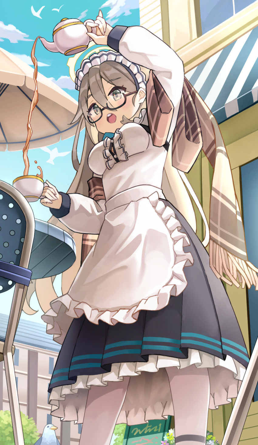 1girl akane_(blue_archive) apron bangs blonde_hair blue_archive blue_necktie blue_ribbon cafe closed_mouth commentary_request eyebrows_visible_through_hair glasses gloves hair_between_eyes hair_ribbon hand_up highres long_hair long_sleeves maid_headdress necktie nomio noubin ribbon round_teeth shirt solo tea teapot teeth very_long_hair white_apron white_gloves white_shirt yellow_eyes