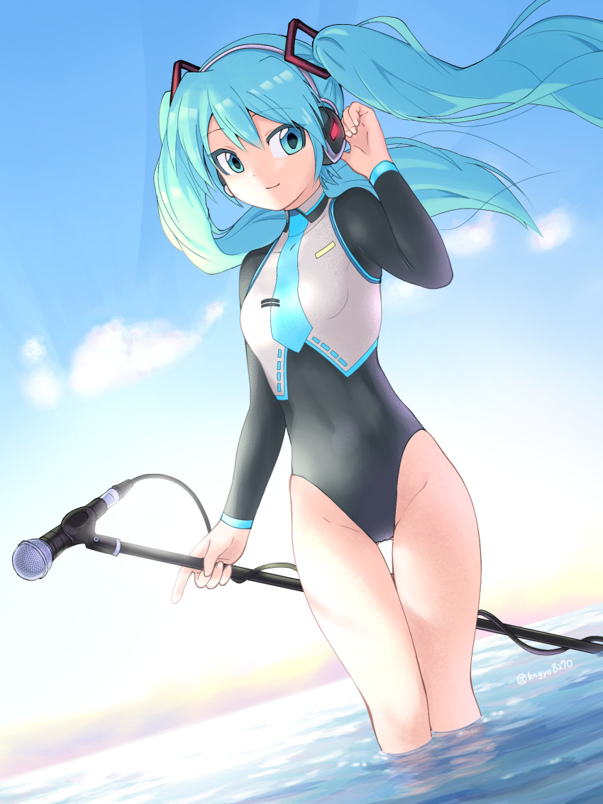 1girl adapted_costume aqua_eyes aqua_hair blue_sky clouds commentary_request dutch_angle feet_out_of_frame funakingyo hatsune_miku headphones highleg highleg_leotard highres holding leotard microphone microphone_stand multicolored_leotard sky soaking_feet solo standing thigh_gap twintails vocaloid