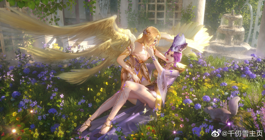 2girls angel angel_wings armor armored_dress bibi_dong_(douluo_dalu) blonde_hair crown douluo_dalu dress field flower flower_field high_heels highres long_hair mother's_day mother_and_daughter multiple_girls purple_dress qian_renxue_(douluo_dalu) qian_renxue_zhuye royal wings yellow_wings