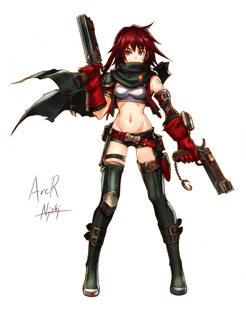 1girl absurdres arc_the_lad_iii bandages breasts cheryl_(arc_the_lad) dual_wielding gloves gun highres holding official_art redhead short_hair simple_background solo weapon white_background