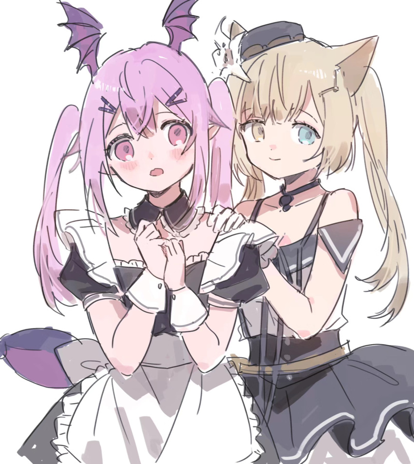 2girls :o alternate_costume animal_ears apron arknights bangs bare_shoulders blue_eyes brown_hair cat_ears cat_girl choker closed_mouth detached_collar dress embarrassed enmaided hand_on_another's_shoulder hat heterochromia highres long_hair maid maid_apron manticore_(arknights) multiple_girls nightmare_(arknights) nightmare_(light_and_shadow)_(arknights) off-shoulder_dress off_shoulder official_alternate_costume official_alternate_hairstyle purple_hair red_(girllove) side_ponytail simple_background twintails violet_eyes white_background wing_ears yellow_eyes