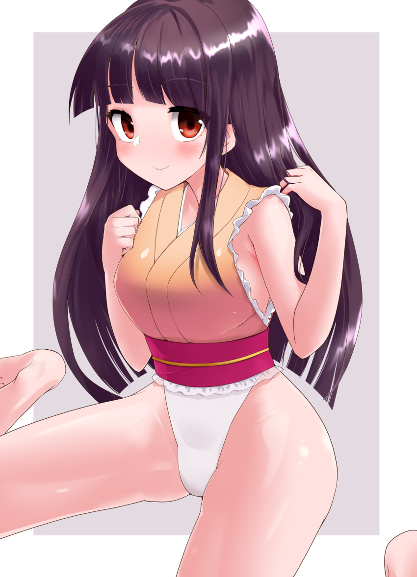 1girl bangs bare_shoulders barefoot bed belt black_hair border breasts brown_eyes closed_mouth commission eyebrows_visible_through_hair eyes_visible_through_hair hands_up harry_(namayake) highleg highres houraisan_kaguya leotard long_hair looking_at_viewer medium_breasts on_bed pink_background pink_belt pixiv_request seiza sitting sitting_on_bed sleeveless smile solo thighs touhou touhou_tag_dream wariza white_border wrestling_outfit