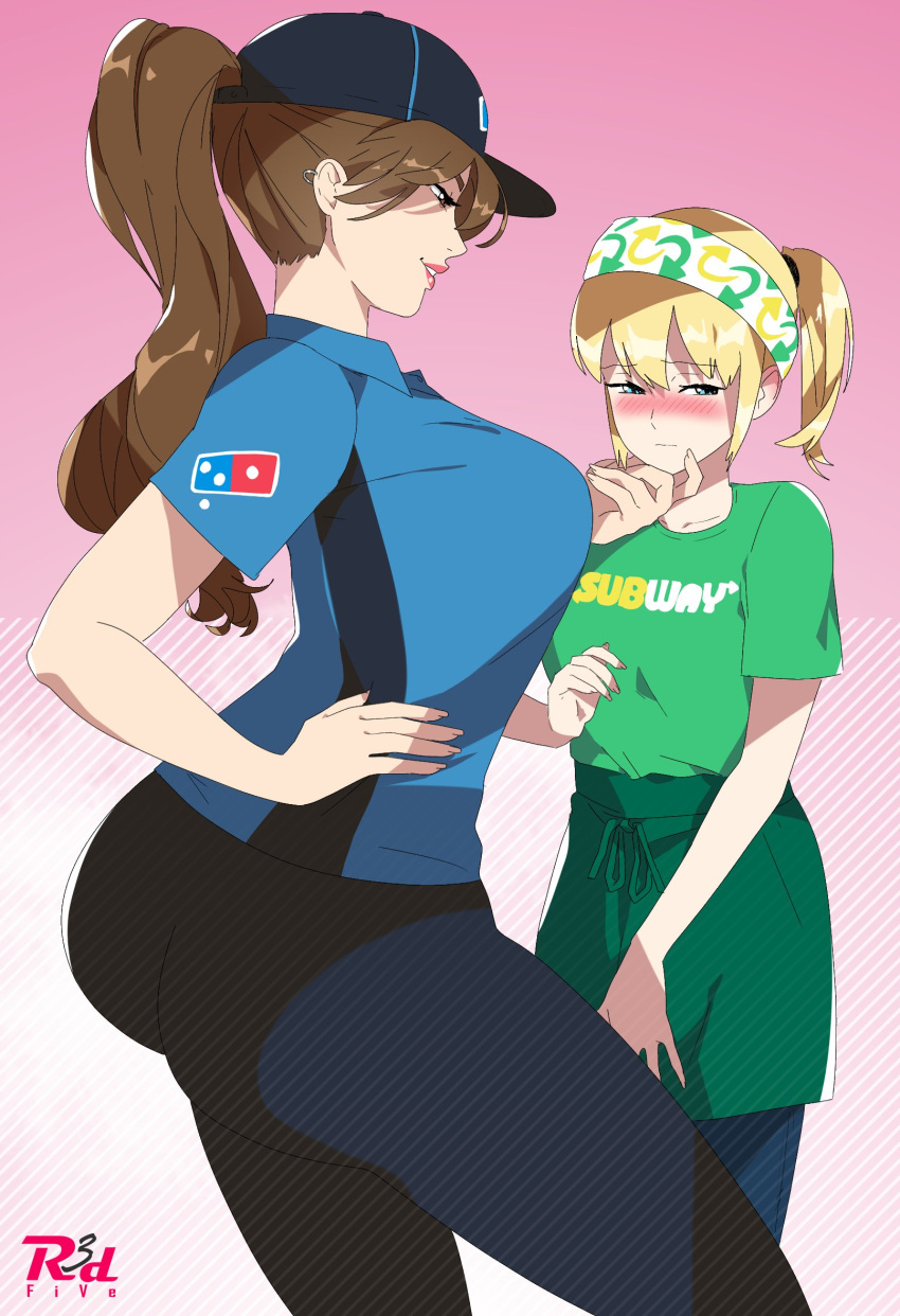 2girls blonde_hair brown_hair collared_shirt domino's_pizza employee_uniform grabbing_another's_chin hairband hand_on_another's_chin highres long_hair looking_away multiple_girls pants ponytail r3dfive shirt short_hair smile striped subway_(company) t-shirt uniform