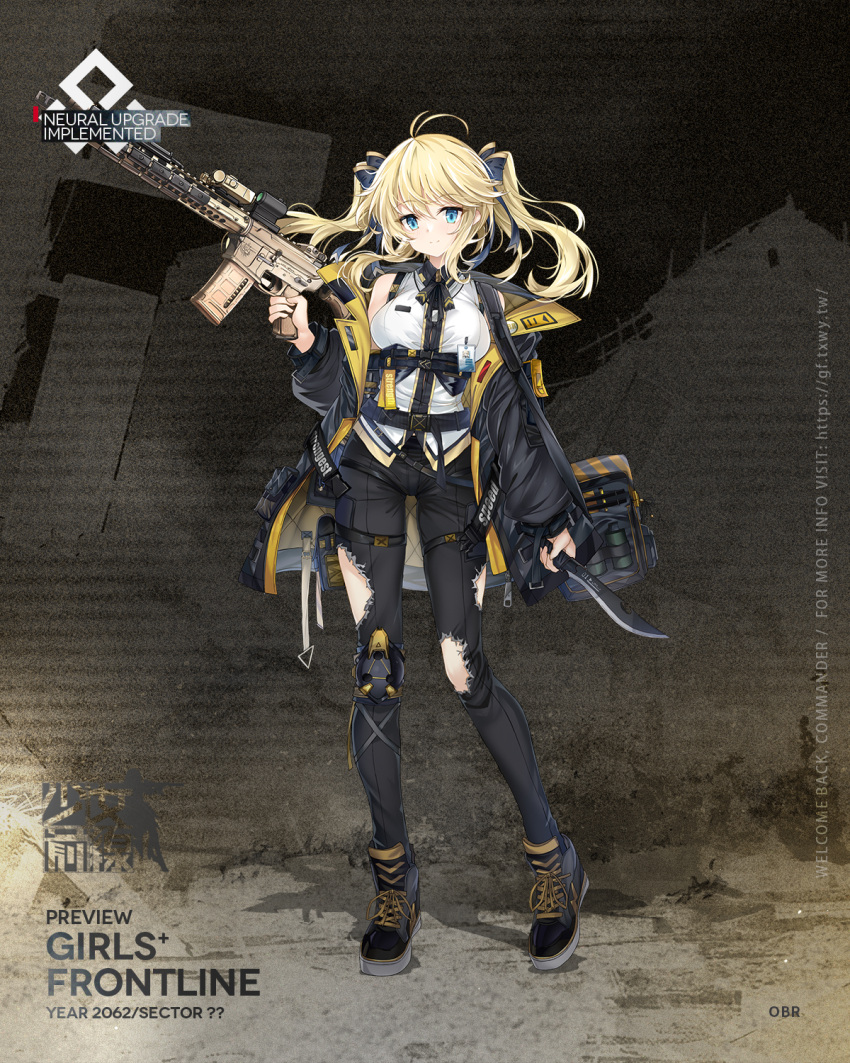 1girl ammunition_pouch artist_request bag bangs battle_rifle black_footwear black_pants blonde_hair blue_eyes blue_jacket boots breasts character_name closed_mouth copyright_name eyebrows_visible_through_hair full_body girls_frontline gun hair_ribbon highres holding holding_knife holding_weapon id_card jacket knee_pads knife larue_tactical_obr looking_at_viewer machete medium_breasts medium_hair mod3_(girls'_frontline) obr_(girls'_frontline) official_art open_clothes open_jacket pants pouch promotional_art ribbon rifle shirt smile sniper_rifle solo standing torn_clothes torn_pants twintails weapon white_shirt