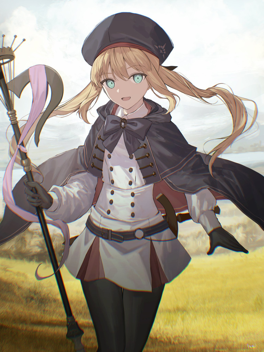 1girl aqua_eyes artoria_caster_(fate) artoria_caster_(second_ascension)_(fate) artoria_pendragon_(fate) belt blonde_hair chromatic_aberration cloak day fate/grand_order fate_(series) gloves hat highres holding long_hair open_mouth outdoors sheath sheathed solo staff sword tamitami twintails weapon