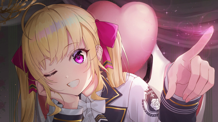 1girl ;) absurdres bangs blonde_hair blush bow bowtie eyebrows_visible_through_hair grin hair_bow hands_up heart highres jacket light_particles long_hair long_sleeves looking_at_viewer nijisanji one_eye_closed purple_bow shima6644 smile solo takamiya_rion twintails violet_eyes virtual_youtuber white_bow white_bowtie white_jacket