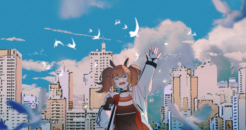 1girl :d ^_^ absurdres angelina_(arknights) animal_ears arknights black_collar black_gloves black_shirt blue_sky brown_hair building city closed_eyes clouds collar eyebrows_visible_through_hair facing_viewer fox_ears gloves haku_(muc12b) highres infection_monitor_(arknights) jacket long_hair long_sleeves open_clothes open_jacket open_mouth shirt sky skyscraper smile solo twintails two-tone_gloves upper_body white_gloves white_jacket