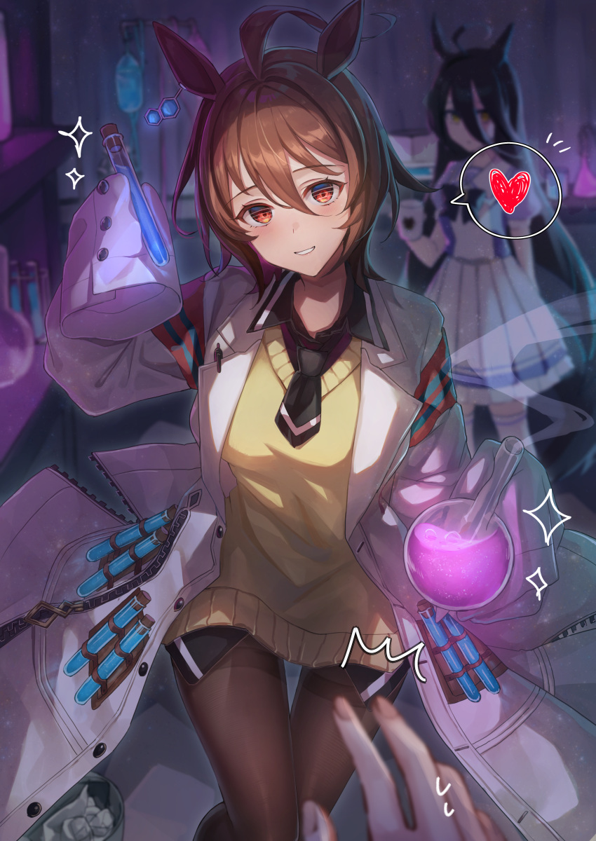 2girls absurdres agnes_tachyon_(umamusume) ahoge animal_ears black_bow black_hair black_legwear black_necktie black_shirt blurry blurry_background bow brown_hair character_request collared_shirt earrings eyebrows_visible_through_hair grin hair_between_eyes heart highres hitomin_(ksws7544) holding holding_test_tube horse_ears horse_girl horse_tail indoors jewelry labcoat long_hair long_sleeves looking_at_viewer multiple_girls necktie pantyhose pleated_skirt red_eyes school_uniform shirt short_hair single_earring skirt sleeves_past_fingers sleeves_past_wrists smile solo_focus sweater tail test_tube thigh-highs tracen_school_uniform umamusume white_legwear white_skirt yellow_sweater