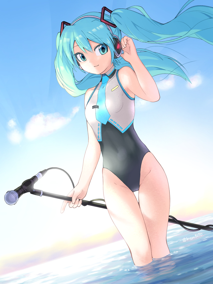 1girl adapted_costume aqua_eyes aqua_hair blue_sky clouds commentary_request dutch_angle feet_out_of_frame funakingyo hatsune_miku headphones highleg highleg_leotard highres holding leotard microphone microphone_stand multicolored_leotard sky sleeveless soaking_feet solo standing thigh_gap twintails vocaloid