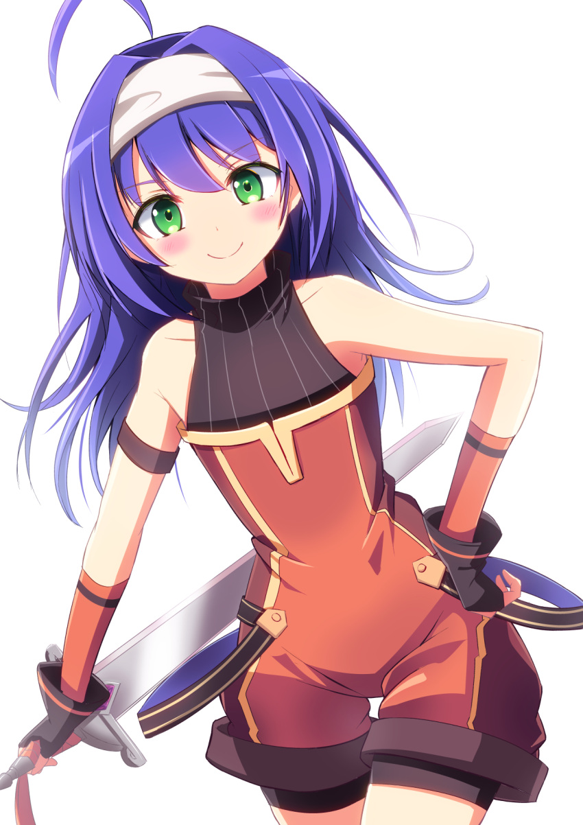 1girl ahoge bare_shoulders blue_hair blush child closed_mouth collarbone fingerless_gloves fire_emblem fire_emblem:_path_of_radiance fire_emblem_heroes gloves green_eyes headband highres holding holding_sword holding_weapon looking_at_viewer mia_(fire_emblem) minamonochaba overalls simple_background smile solo sword turtleneck upper_body weapon white_background white_headband younger