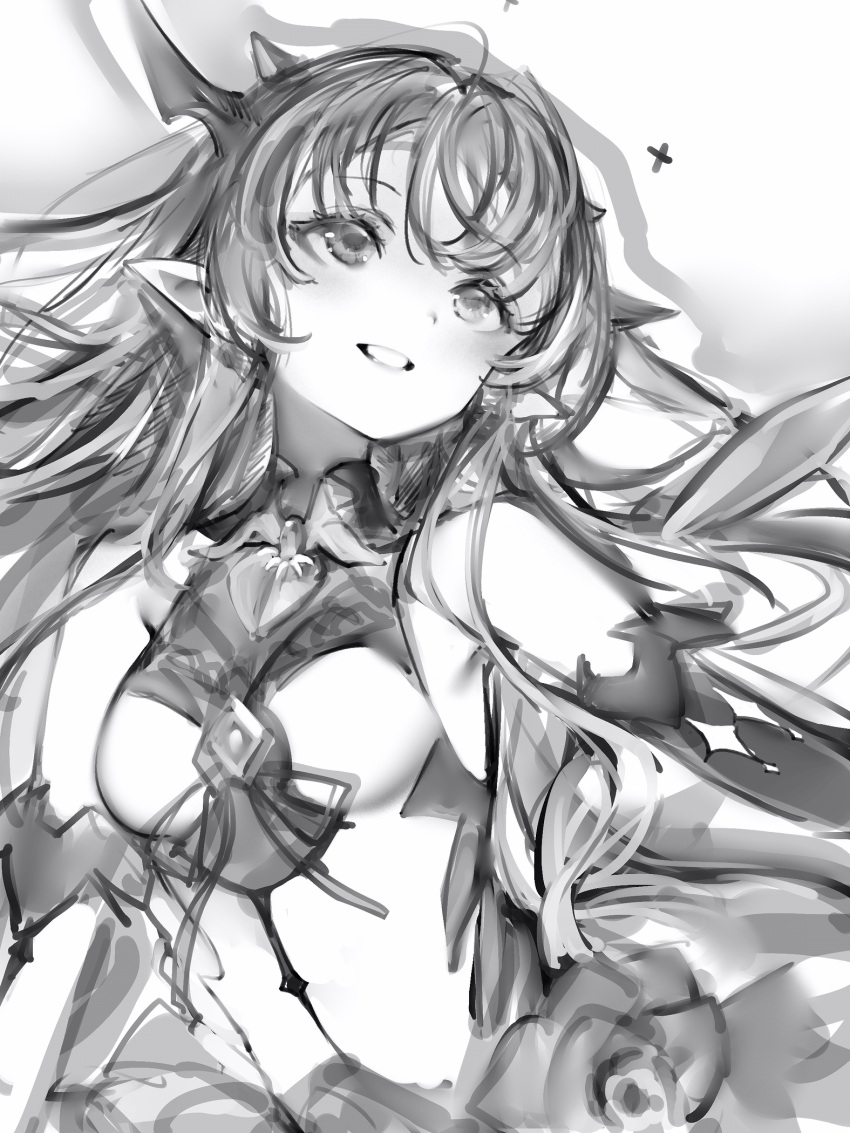 1girl bad_id bad_pixiv_id bare_shoulders breasts elbow_gloves gloves greyscale highres hololive horns irys_(hololive) medium_breasts monochrome nanashi_(nlo) pointy_ears smile solo upper_body