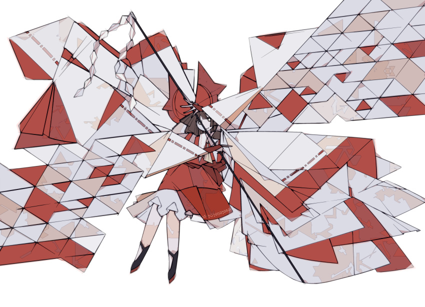1girl absurdres adapted_costume ascot black_footwear bow bright_pupils brown_eyes brown_hair collared_vest cubism detached_sleeves geometry gohei hair_bow hair_tubes hakurei_reimu harano_kaguyama highres holding knees_together_feet_apart limited_palette looking_at_viewer mary_janes medium_hair parted_lips pose red_bow red_skirt red_vest ribbon-trimmed_sleeves ribbon_trim shoes skirt smile solo touhou underskirt vest white_background white_pupils wide_sleeves yellow_ascot