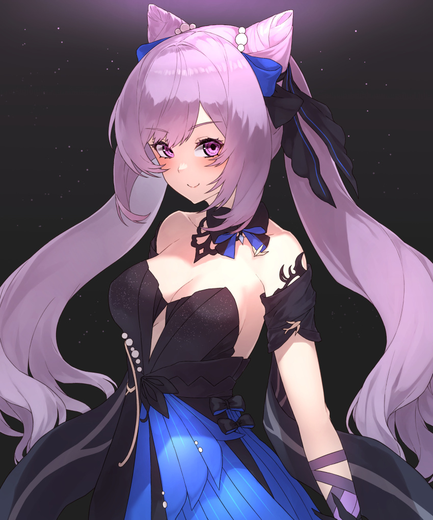 1girl absurdres bare_shoulders black_background black_dress blue_bow blush bow breasts c: closed_mouth collarbone commentary_request dress genshin_impact hair_bow hair_cones highres jewelry keqing_(genshin_impact) keqing_(opulent_splendor)_(genshin_impact) light_particles long_hair looking_at_viewer medium_breasts purple_hair smile solo spotlight strapless strapless_dress twintails upper_body violet_eyes yu_mochi_(kamiinu)