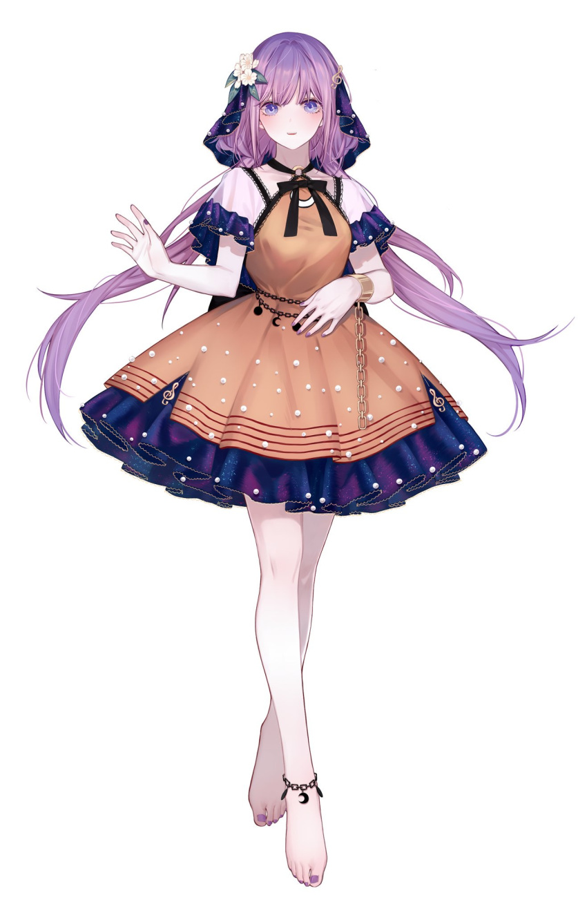 1girl :d bangs barefoot black_bow black_bowtie blush bow bowtie capelet chain commentary cuffs dress fingernails floating_hair flower frilled_dress frills full_body hair_flower hair_ornament highres houraisan_chouko leaf long_hair looking_at_viewer nail_polish open_mouth purple_hair purple_nails shackles smile solo teeth toenail_polish toenails touhou tsukumo_benben upper_teeth veil very_long_hair violet_eyes white_capelet white_flower yellow_dress