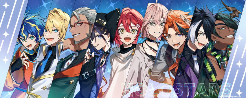 6+boys :d :q animal_ears animal_hood aqua_eyes aragami_oga arurandeisu astel_leda bangs black_choker black_collar black_gloves black_hair black_jacket black_nails black_shirt blonde_hair blue_background blue_eyes blue_hair blue_necktie bodysuit bodysuit_under_clothes brown_vest buttons cat_hood choker collar collared_shirt column_lineup commentary copyright_name dark-skinned_male dark_skin diamond_button earrings everyone eyepatch fang gem glasses gloves gold_trim green_eyes green_gemstone green_jacket grey_hair grey_shirt grin hair_between_eyes hair_ornament hair_over_one_eye hair_slicked_back hair_strand hanasaki_miyabi hand_on_hip hand_on_own_neck heterochromia highres holostars hood hood_up horns jackal_boy jackal_ears jacket jewelry kageyama_shien kanade_izuru kishido_temma lightning_bolt_hair_ornament lightning_bolt_symbol looking_at_viewer loose_clothes loose_shirt lower_teeth male_focus miyukiyo mole mole_under_eye multicolored_hair multiple_boys neckerchief necklace necktie no_bangs open_clothes open_shirt orange_eyes orange_hair orange_jacket orange_neckerchief parted_bangs pink_hair purple_shirt red-framed_eyewear redhead ribbon rikka_(holostars) salute sharp_teeth shirt shirt_under_shirt short_hair single_earring single_horn sleeves_past_wrists smile spiked_collar spikes starry_background stole streaked_hair sweater teeth tie_clip tongue tongue_out turtleneck twitter_username two-tone_hair upper_body vest violet_eyes virtual_youtuber white_hair white_jacket white_necktie white_shirt white_sweater yellow_eyes yellow_ribbon yukoku_roberu