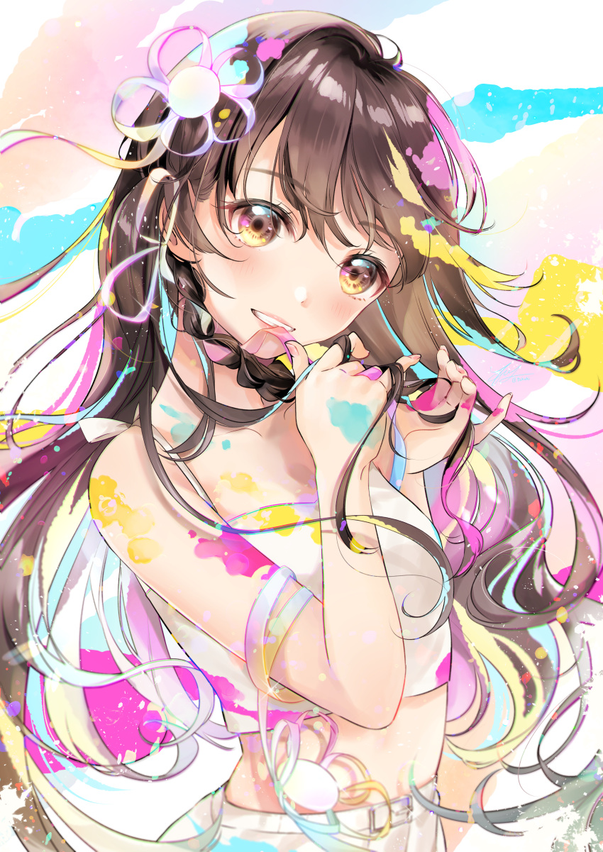 1girl absurdres bangs blonde_hair blush braid brown_hair camisole flower hair_flower hair_ornament hair_ribbon highres long_hair looking_at_viewer original pink_flower ribbon smile solo spaghetti_strap takuki_takuki white_camisole