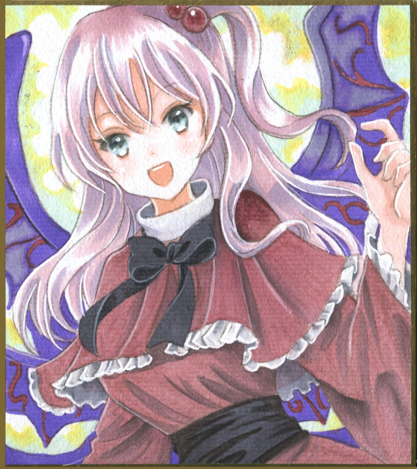 1girl black_bow black_bowtie black_sash blue_eyes bow bowtie breasts capelet commentary_request demon_wings dress dutch_angle frilled_capelet frilled_sleeves frills grey_hair hair_bobbles hair_ornament hajike_akira highres long_hair long_sleeves looking_at_viewer medium_breasts multiple_wings open_mouth photo_(medium) pink_hair purple_wings red_capelet red_dress sash shinki_(touhou) shiny shiny_hair side_ponytail sidelocks solo teeth touhou touhou_(pc-98) traditional_media turtleneck upper_teeth very_long_hair wide_sleeves wings