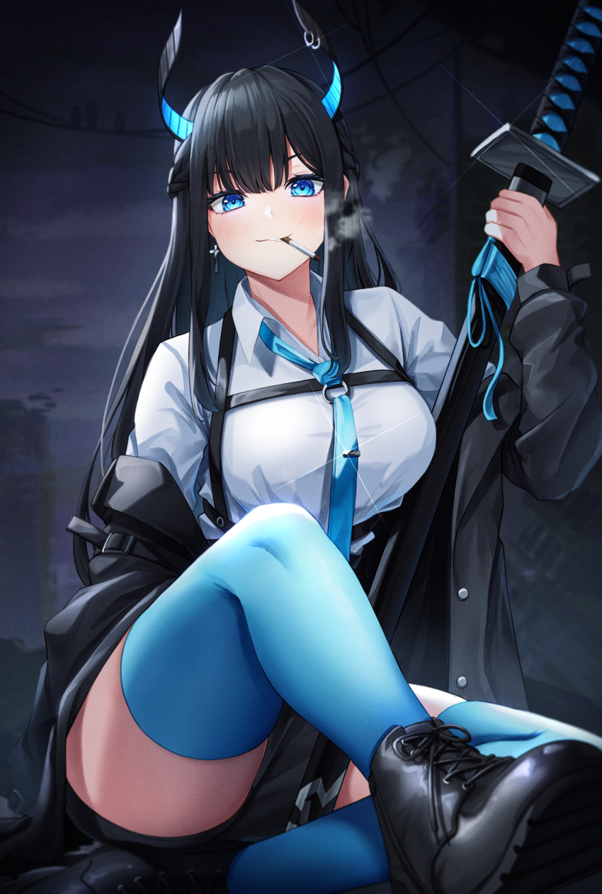1girl absurdres bangs black_footwear black_hair black_jacket blue_eyes blue_legwear blue_necktie blush cigarette closed_mouth commentary_request highres holding holding_sword holding_weapon horn_piercing horns jacket katana lancheu long_hair long_sleeves looking_at_viewer necktie original piercing shirt shoes smile smoking solo sword thigh-highs thighs weapon white_shirt