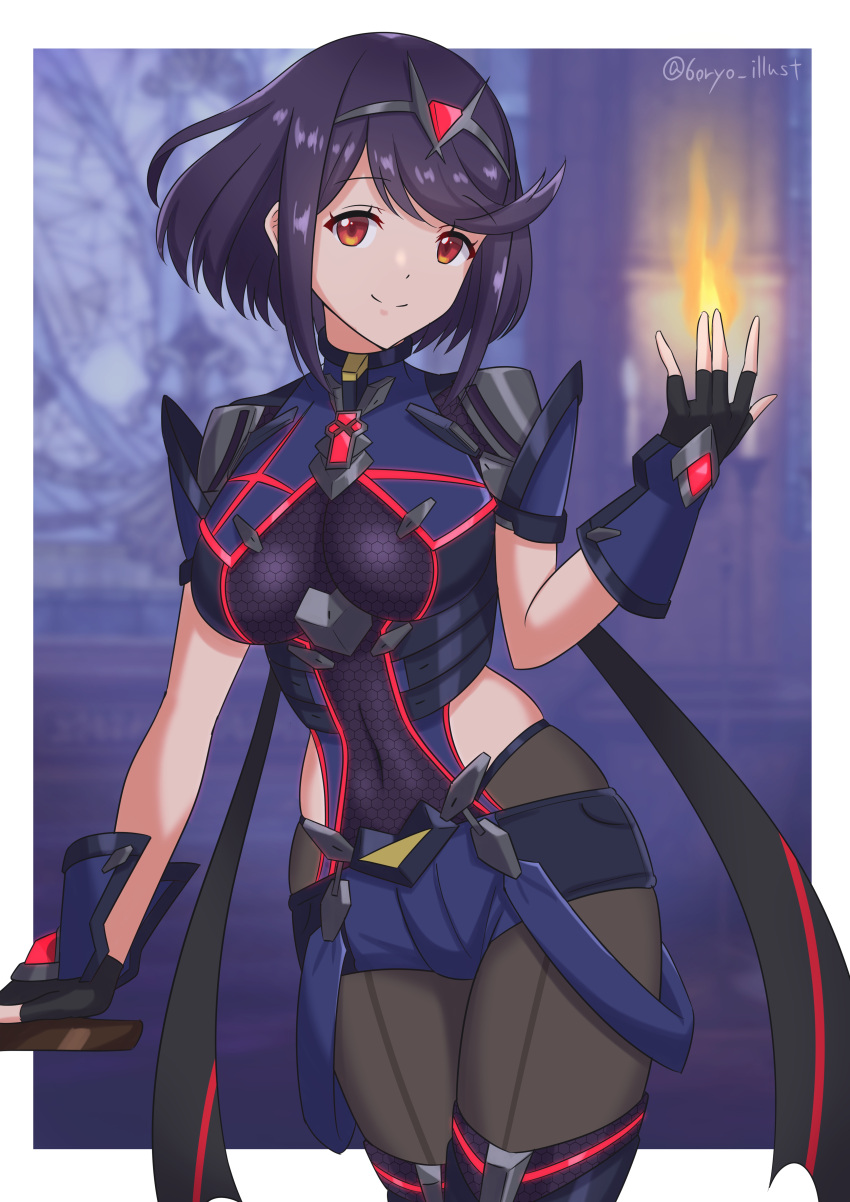 absurdres alternate_color alternate_hair_color backless_outfit bangs black_gloves bob_cut breasts fingerless_gloves front-seamed_legwear gloves highres large_breasts legwear_under_shorts pantyhose purple_hair purple_legwear purple_shorts pyra_(xenoblade) red_eyes ryochan96154 seamed_legwear short_shorts short_sleeves shorts super_smash_bros. swept_bangs thigh-highs thighhighs_over_pantyhose tiara xenoblade_chronicles_(series) xenoblade_chronicles_2