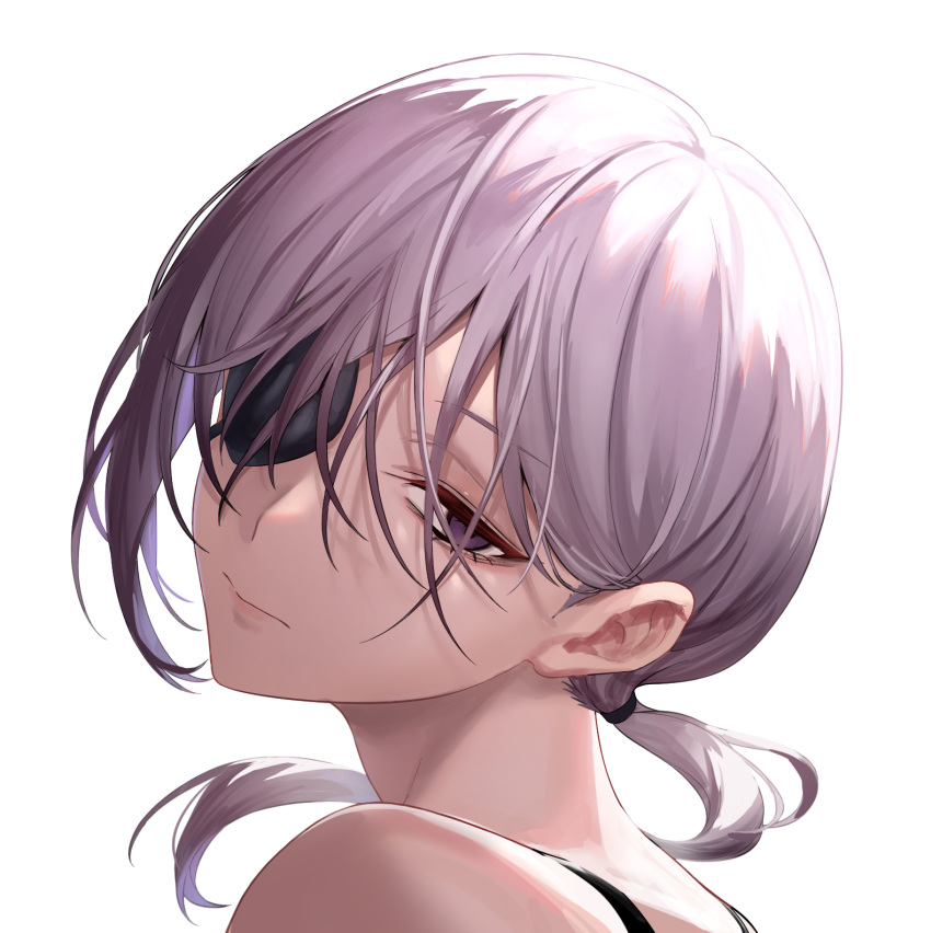 1girl chainsaw_man closed_mouth eyepatch from_behind grey_hair highres looking_at_viewer looking_back ponytail portrait quanxi_(chainsaw_man) simple_background solo ulrich_(tagaragakuin) violet_eyes white_background