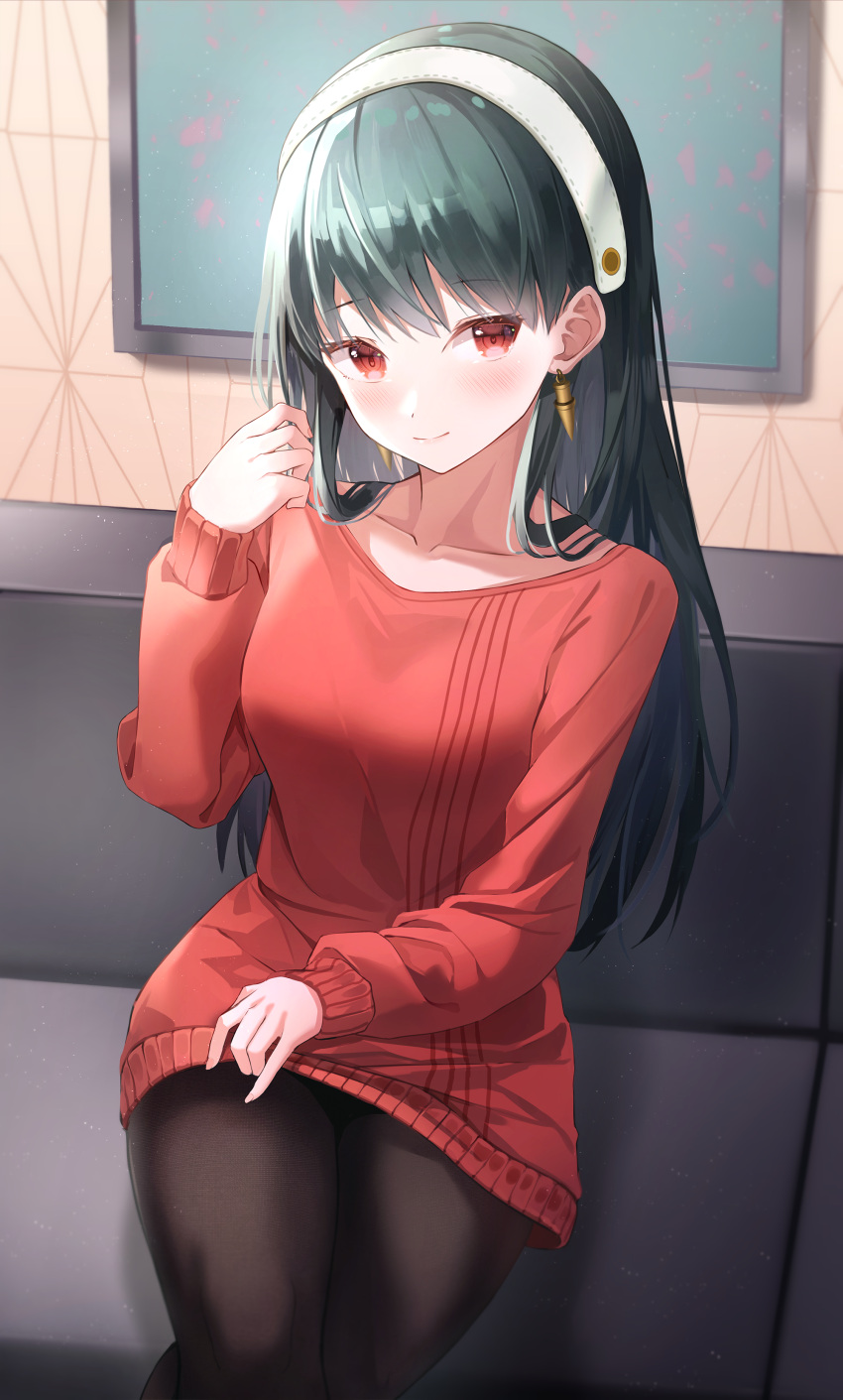 1girl absurdres bangs black_hair black_legwear blush breasts collarbone couch crossed_legs earrings eyebrows_visible_through_hair gold_earrings hairband hand_up highres jewelry light_smile long_hair looking_at_viewer on_couch pantyhose picture_frame red_eyes red_sweater seero sitting smile solo spy_x_family straight_hair sweater white_hairband yor_briar