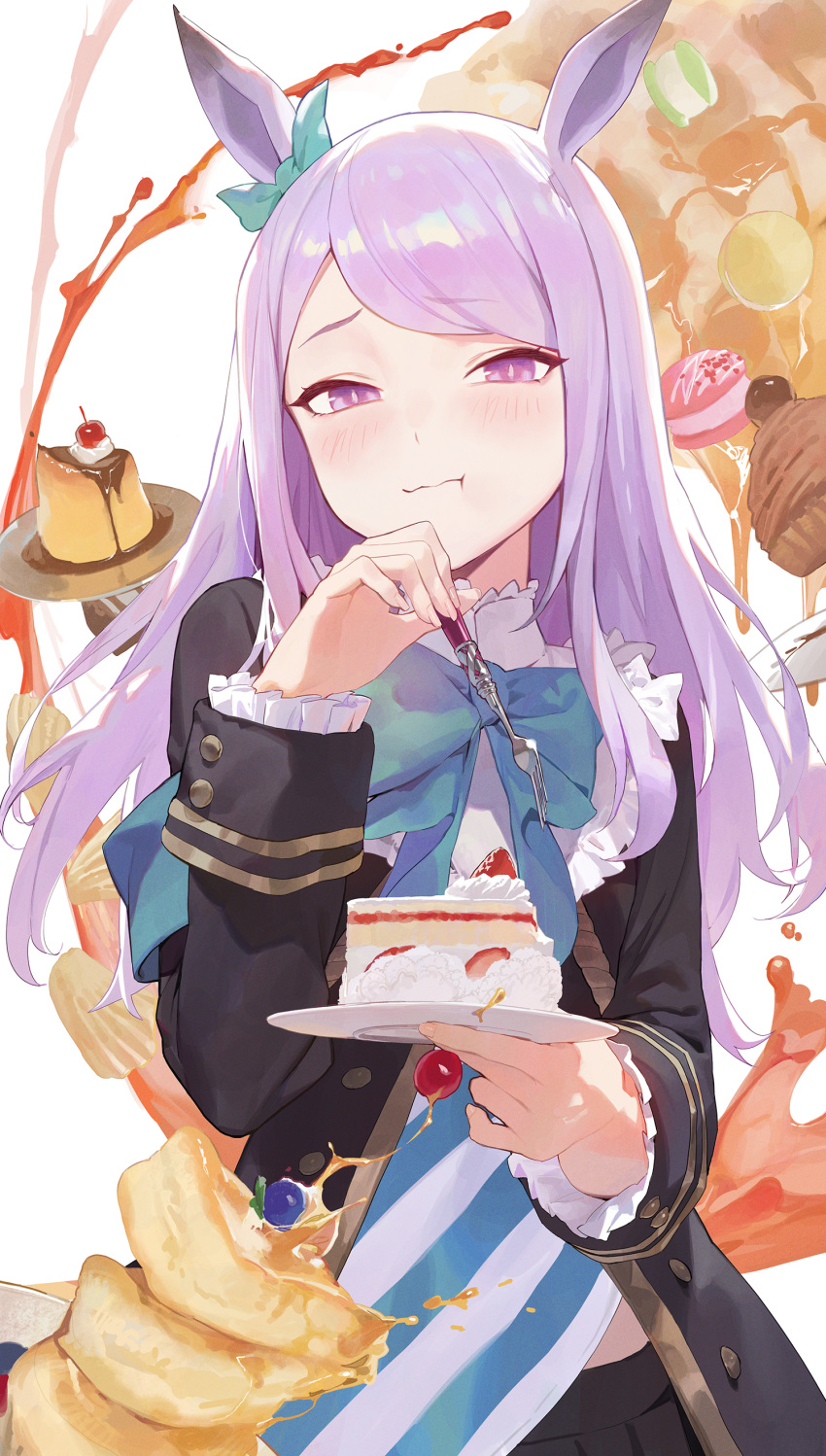 1girl :t absurdres animal_ears bangs black_jacket blue_bow blue_bowtie blush bow bowtie cake cake_slice closed_mouth ear_bow eating food fork frilled_sleeves frills highres holding holding_fork holding_plate horse_ears horse_girl jacket long_hair long_sleeves looking_at_viewer mejiro_mcqueen_(umamusume) modare plate pudding purple_hair shirt solo strawberry_shortcake striped striped_shirt sweets swept_bangs umamusume upper_body violet_eyes white_background