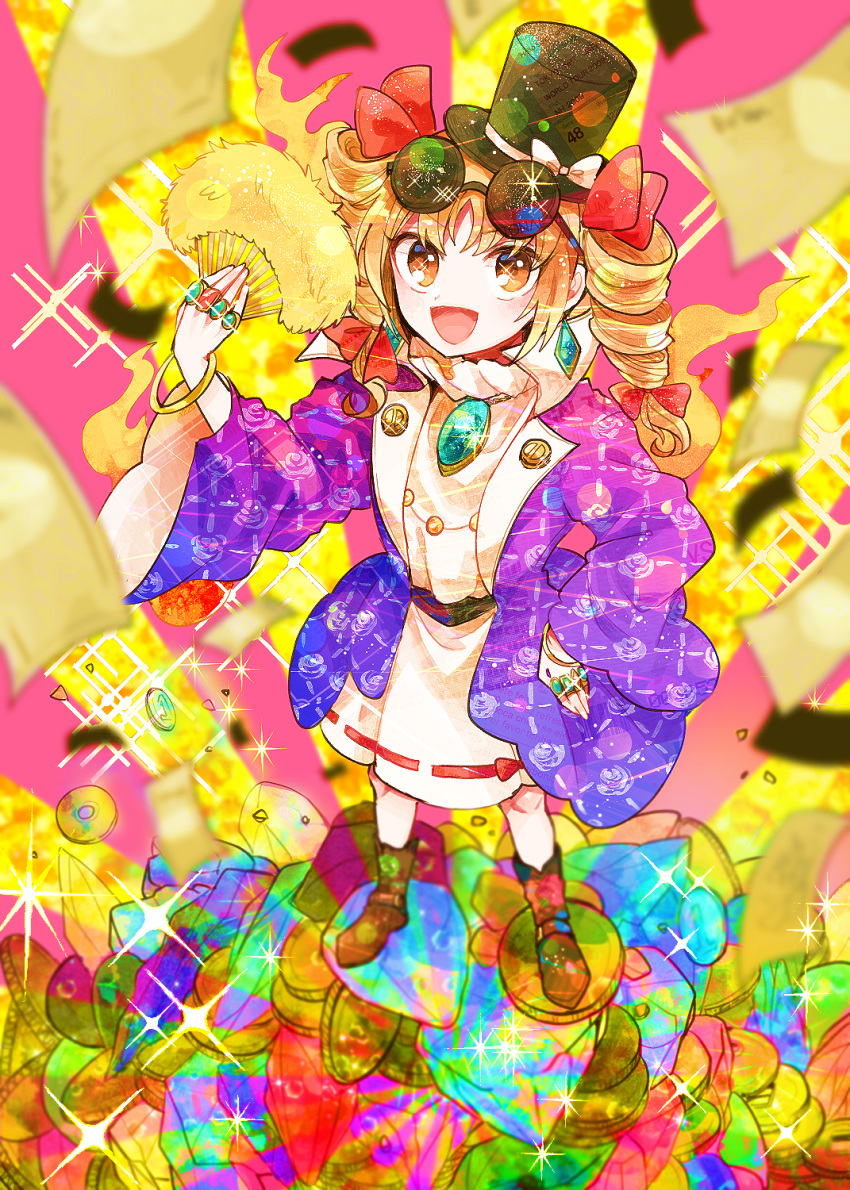 1girl bag bangle bow bracelet coat dress drill_hair earrings eyewear_on_head floral_print full_body gold hair_bow hand_fan handbag hat hat_bow high_collar highres holding holding_fan itomugi-kun jewelry light_brown_hair long_hair long_sleeves looking_at_viewer necklace open_mouth orange_eyes pendant ribbon ring round_eyewear skirt smile solo sunglasses top_hat touhou twin_drills white_dress yorigami_jo'on