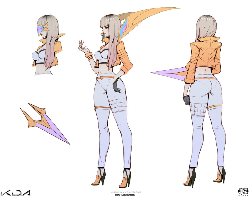 1girl ass bangs banned_artist black_gloves blunt_bangs bracelet breasts concept_art gloves gradient_hair grey_hair hair_over_shoulder hand_up high_heels highres holding jacket jewelry kai'sa league_of_legends long_hair medium_breasts microphone midriff multicolored_hair multiple_views navel open_clothes open_jacket orange_jacket pants simple_background single_glove skin_tight standing white_background white_bustier white_pants zeronis
