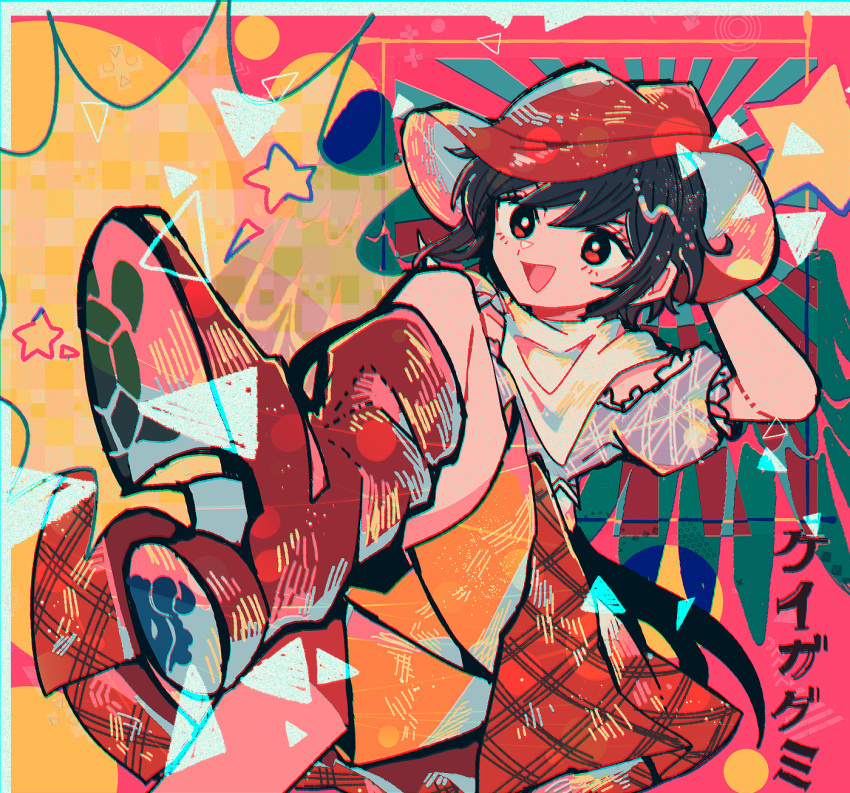 1girl :d abstract_background bangs black_hair blue_shirt boots brown_footwear brown_headwear cowboy_hat dress frilled_shirt frills hand_on_headwear hat highres itomugi-kun knee_up kurokoma_saki orange_skirt plaid plaid_dress puffy_short_sleeves puffy_sleeves red_dress red_eyes scarf shirt short_hair short_sleeves skirt smile solo star_(symbol) touhou white_scarf