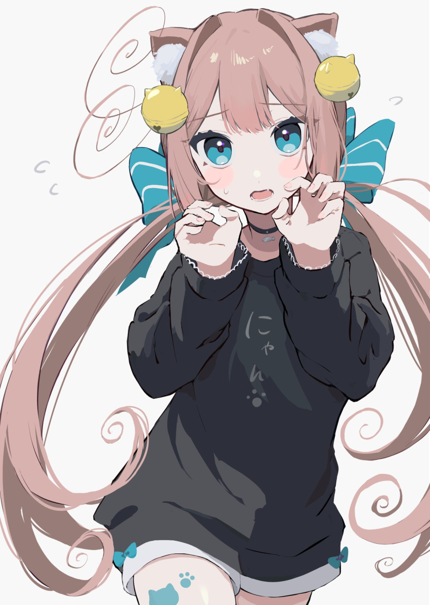 1girl absurdres ahute animal_ear_fluff animal_ears antenna_hair bangs bell blue_eyes blush_stickers bow brown_hair cat_ears choker claw_pose clothes_writing fang hair_bell hair_bow hair_intakes hair_ornament highres lace-trimmed_sleeves lace_trim long_hair looking_at_viewer low_twintails open_mouth original paw_print romper solo sweatdrop twintails very_long_hair