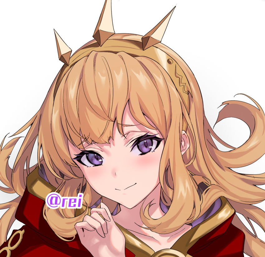 1girl blonde_hair cagliostro_(granblue_fantasy) cape closed_mouth granblue_fantasy hairband hand_up highres long_hair looking_at_viewer red_cape simple_background smile solo ulrich_(tagaragakuin) violet_eyes white_background