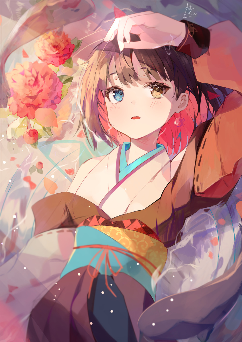 1girl absurdres arm_up blue_eyes brown_eyes brown_hair brown_kimono colored_inner_hair commentary earrings from_above hand_on_own_forehead heterochromia highres japanese_clothes jewelry kimono light_blush light_particles lying multicolored_hair obi on_back open_mouth original partially_submerged petals petals_on_liquid pink_hair red_ribbon ribbon sash short_hair solo sunlight tamago_nezumi water wet white_kimono
