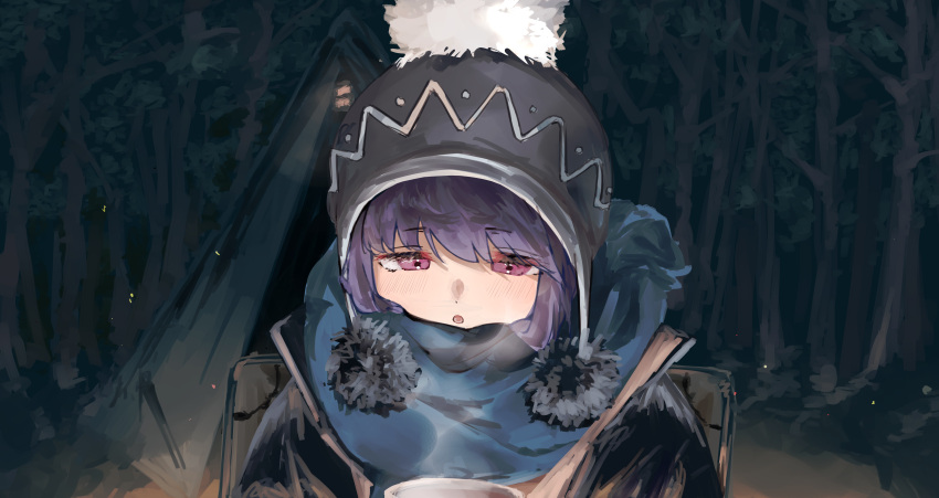 1girl absurdres beanie commentary hat highres jacket leadin_the_sky night outdoors pom_pom_(clothes) purple_hair scarf shima_rin solo steam tent violet_eyes yurucamp