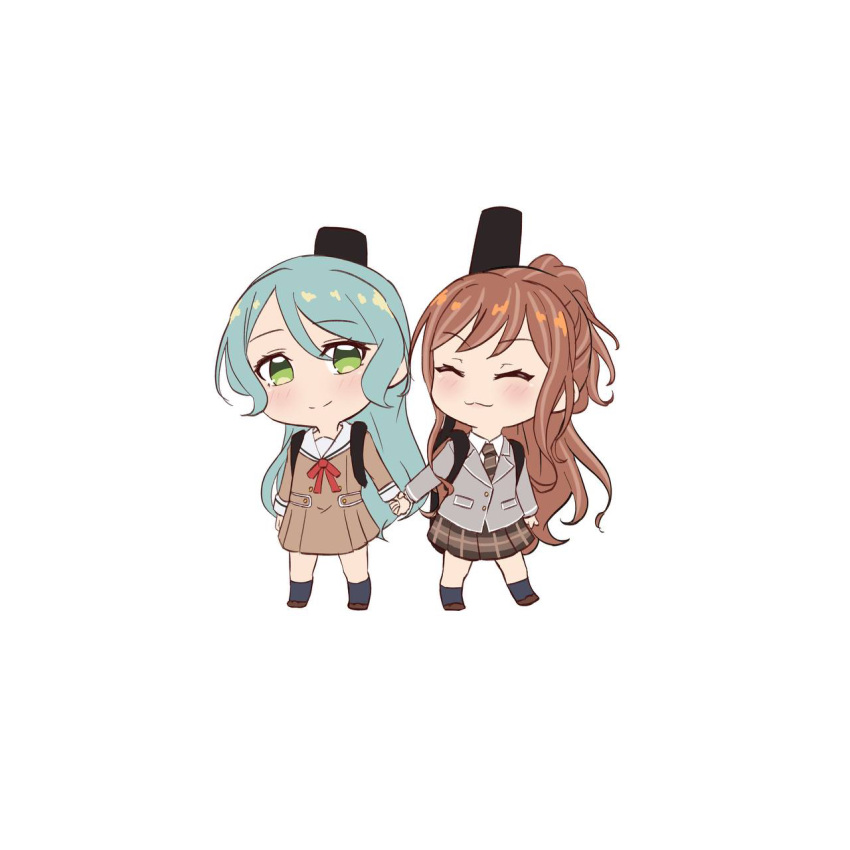 2girls :3 aqua_hair bang_dream! blush brown_hair chibi green_eyes half_updo hanasakigawa_school_uniform haneoka_school_uniform highres hikawa_sayo holding_hands imai_lisa instrument_case instrument_on_back long_hair multiple_girls ryuu_aec school_uniform simple_background smile wavy_hair white_background